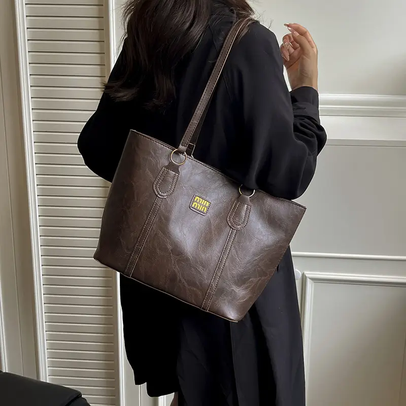 Brown Leather Tote Bag for Women Large Capacity Casual Shoulder Bag - Image 5