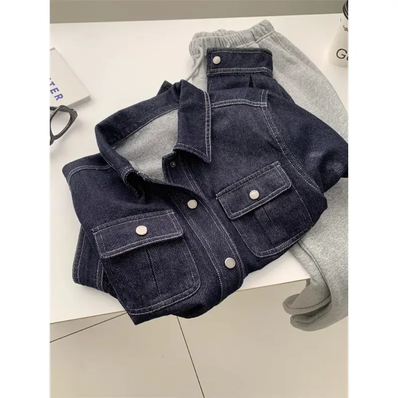 Dark Blue Contrast Stitched Lapel Denim Jacket for Women