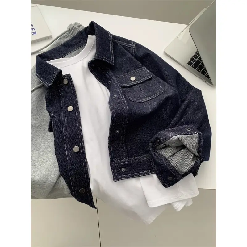 Dark Blue Contrast Stitched Lapel Denim Jacket for Women