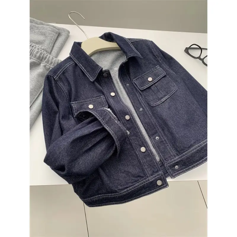 Dark Blue Contrast Stitched Lapel Denim Jacket for Women