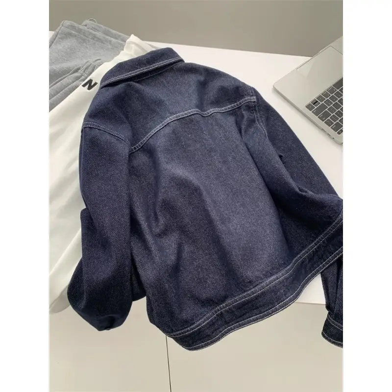 Dark Blue Contrast Stitched Lapel Denim Jacket for Women