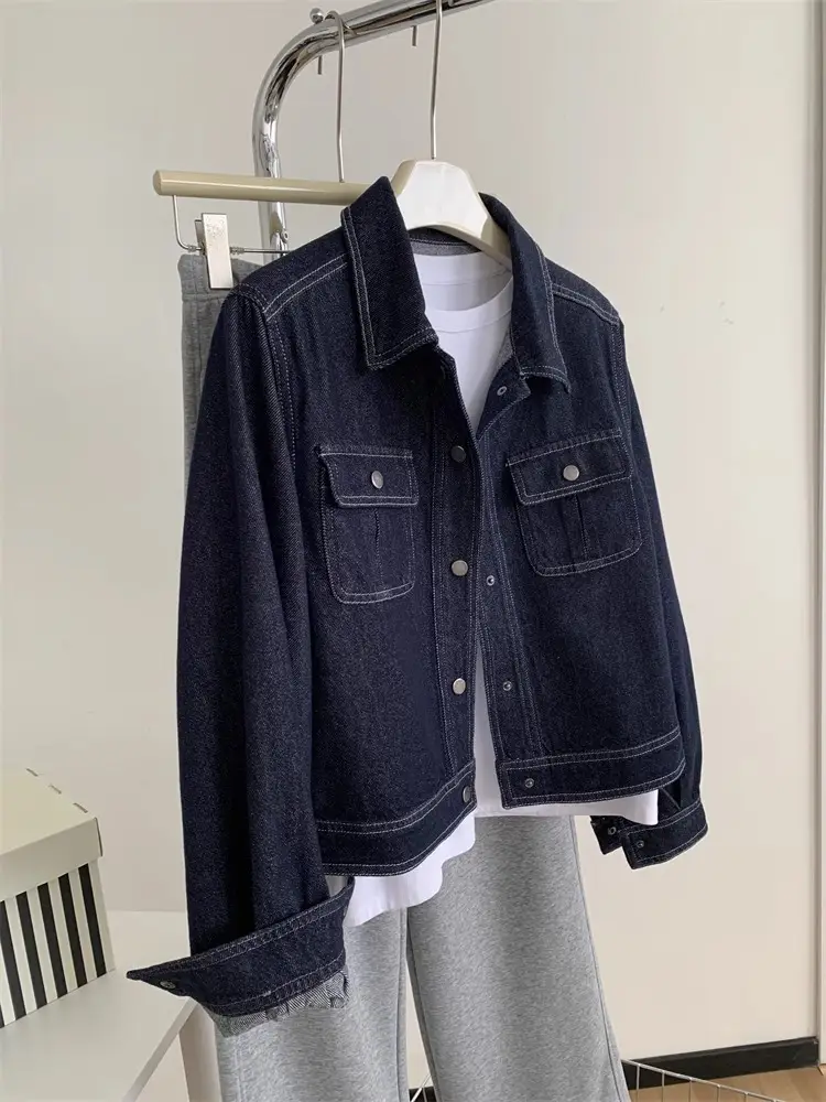 Dark Blue Contrast Stitched Lapel Denim Jacket for Women — feature 1