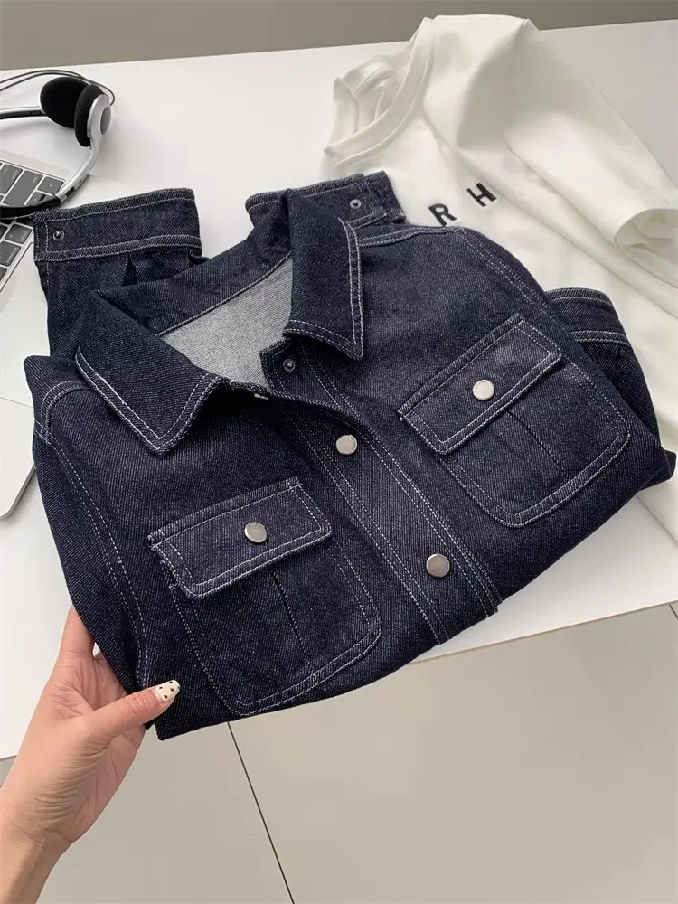 Dark Blue Contrast Stitched Lapel Denim Jacket for Women — feature 10