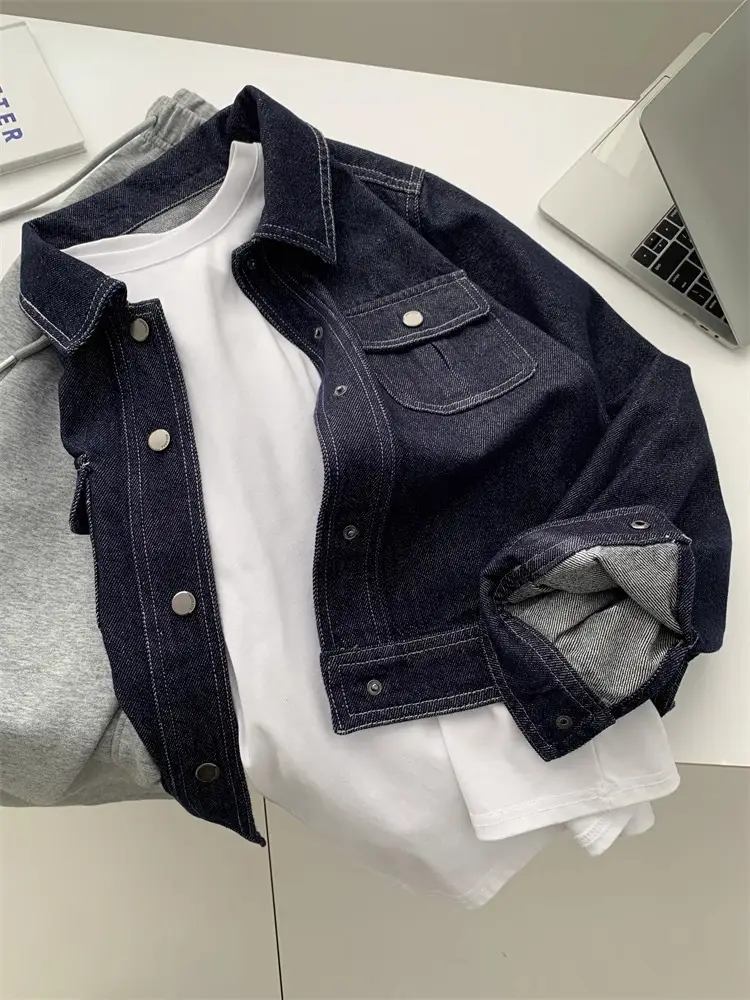 Dark Blue Contrast Stitched Lapel Denim Jacket for Women — feature 12
