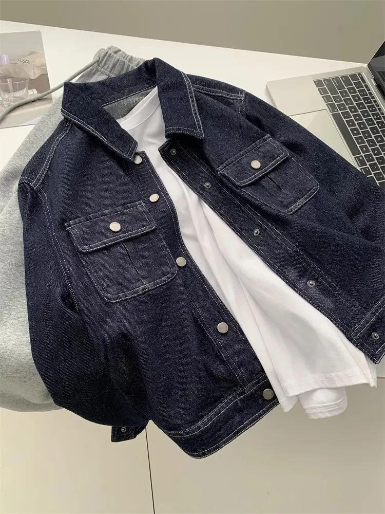 Dark Blue Contrast Stitched Lapel Denim Jacket for Women — feature 13
