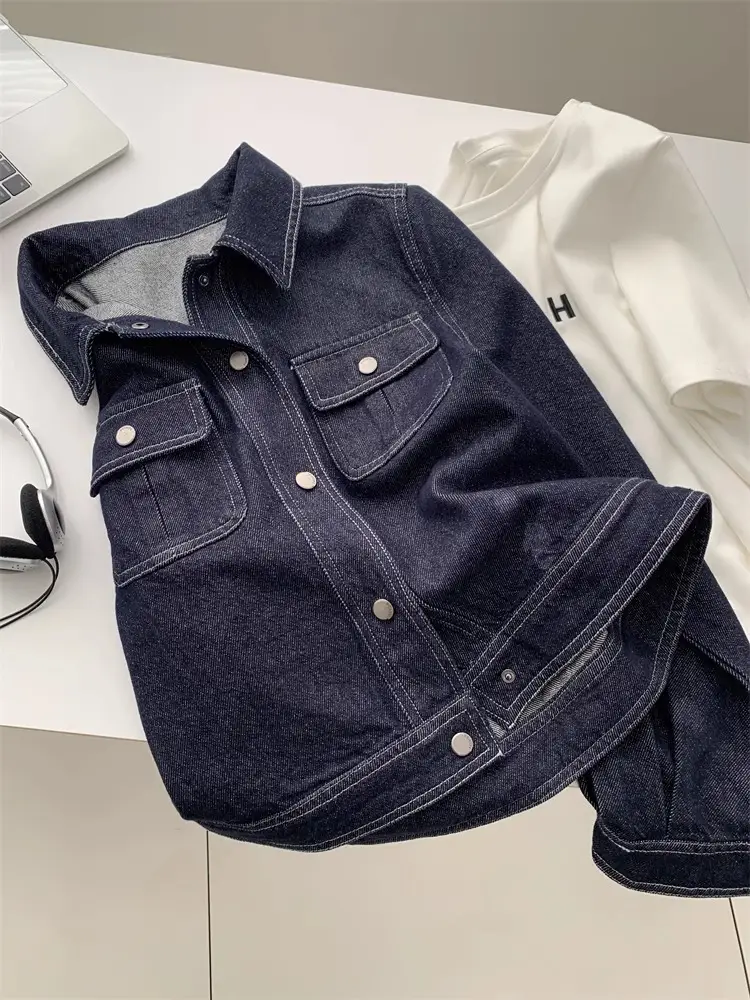 Dark Blue Contrast Stitched Lapel Denim Jacket for Women — feature 14