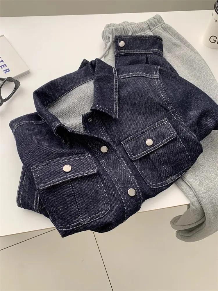 Dark Blue Contrast Stitched Lapel Denim Jacket for Women — feature 15