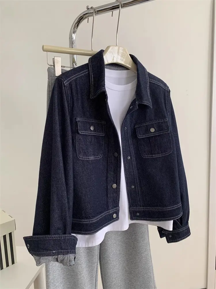Dark Blue Contrast Stitched Lapel Denim Jacket for Women — feature 17