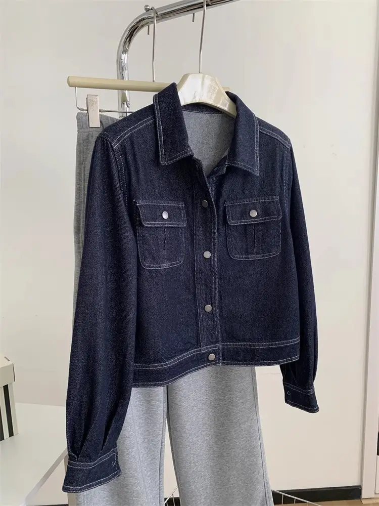 Dark Blue Contrast Stitched Lapel Denim Jacket for Women — feature 18