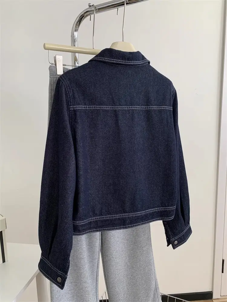 Dark Blue Contrast Stitched Lapel Denim Jacket for Women — feature 19