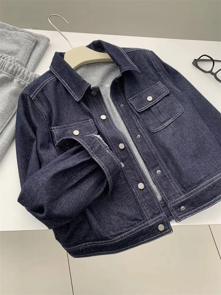Dark Blue Contrast Stitched Lapel Denim Jacket for Women — feature 3