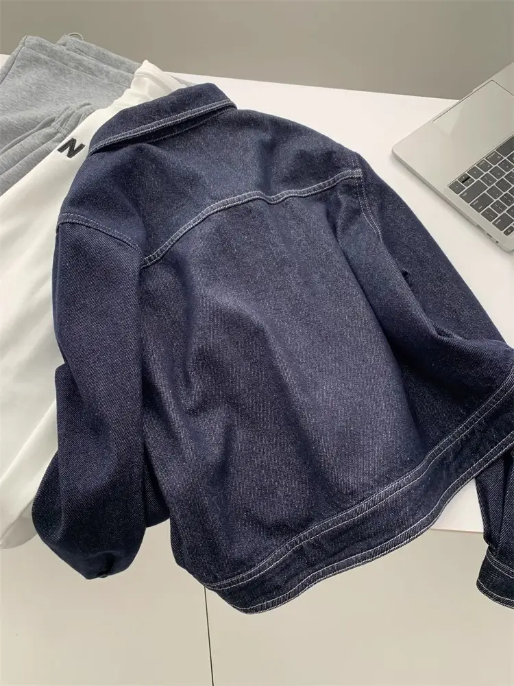 Dark Blue Contrast Stitched Lapel Denim Jacket for Women — feature 9