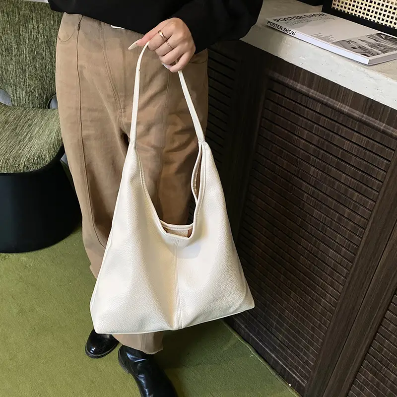 Korean Style Cream Tote Bag Large Capacity Leather