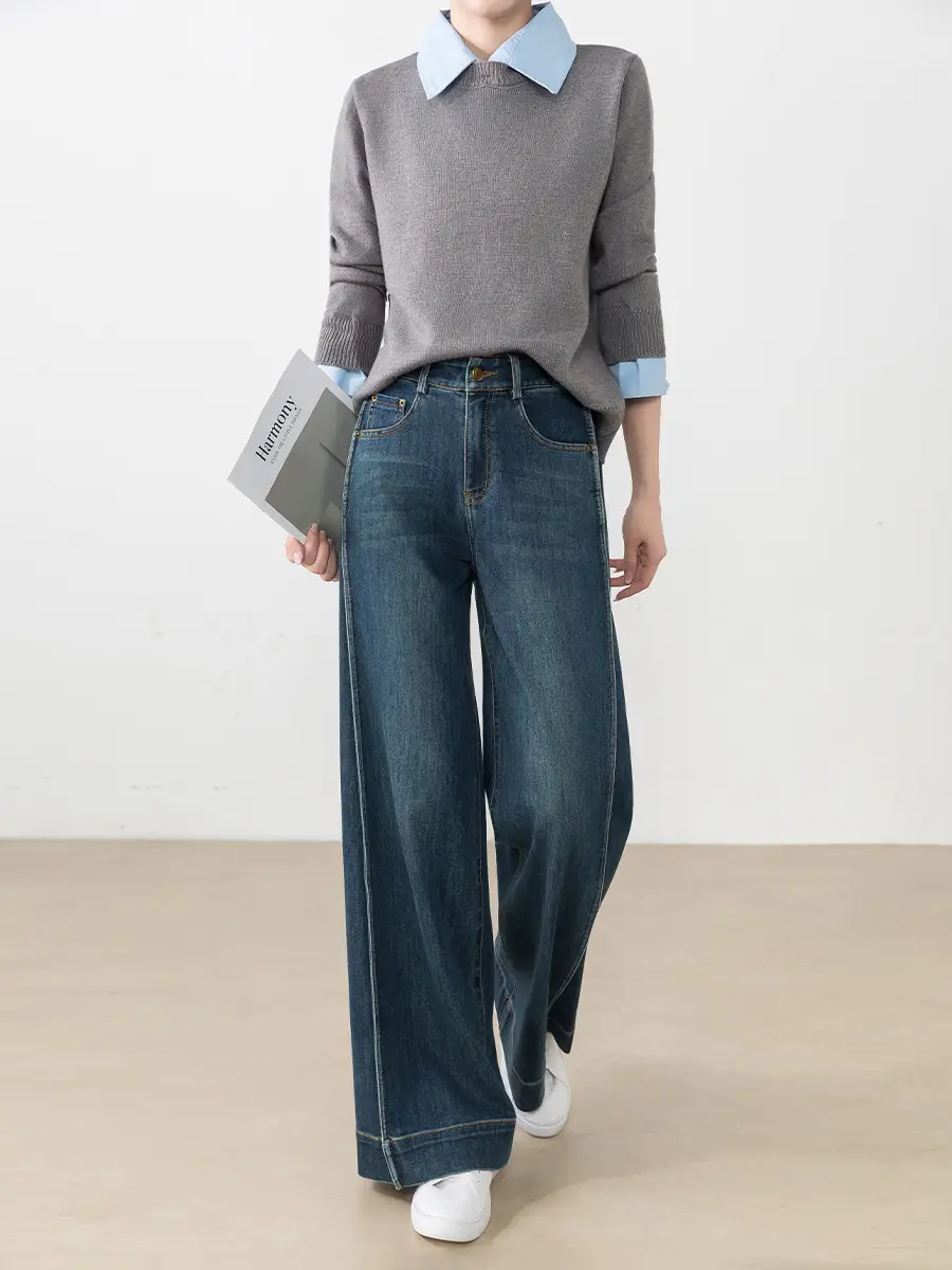 Retro Dark Blue Wide Leg Jeans Women 2025