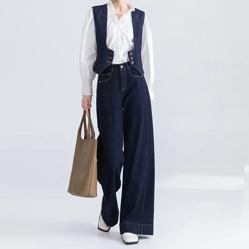 Retro Dark Blue Wide Leg Jeans Women 2025