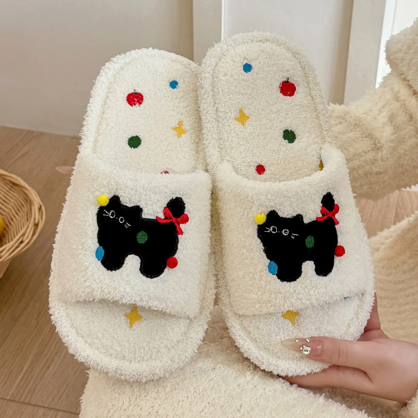 Cute Kitten Embroidered Cotton Slippers Women Winter Warm Indoor - Image 4