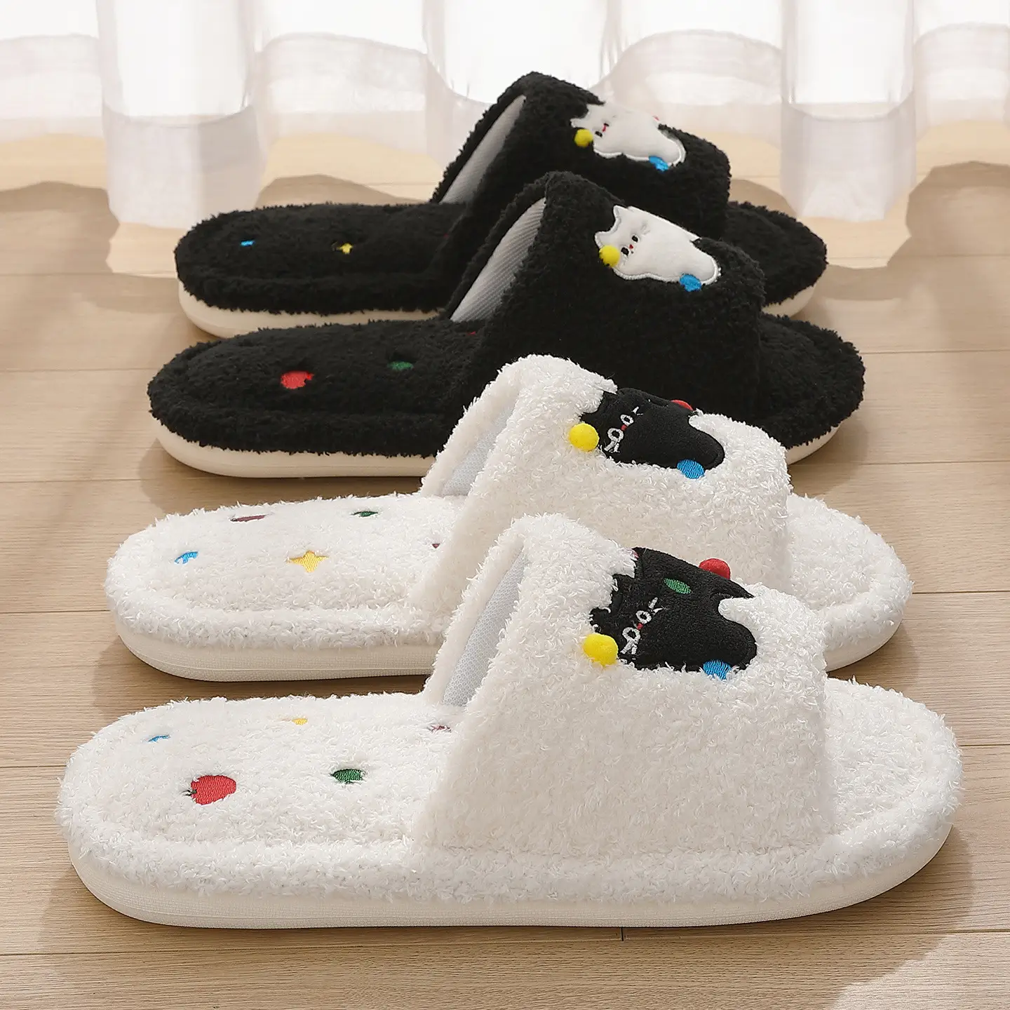 Cute Kitten Embroidered Cotton Slippers Women Winter Warm Indoor - Image 5