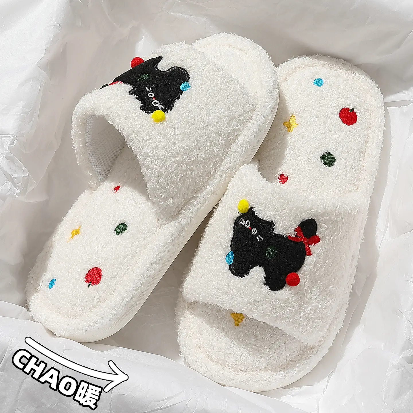 Cute Kitten Embroidered Cotton Slippers Women Winter Warm Indoor - Image 6