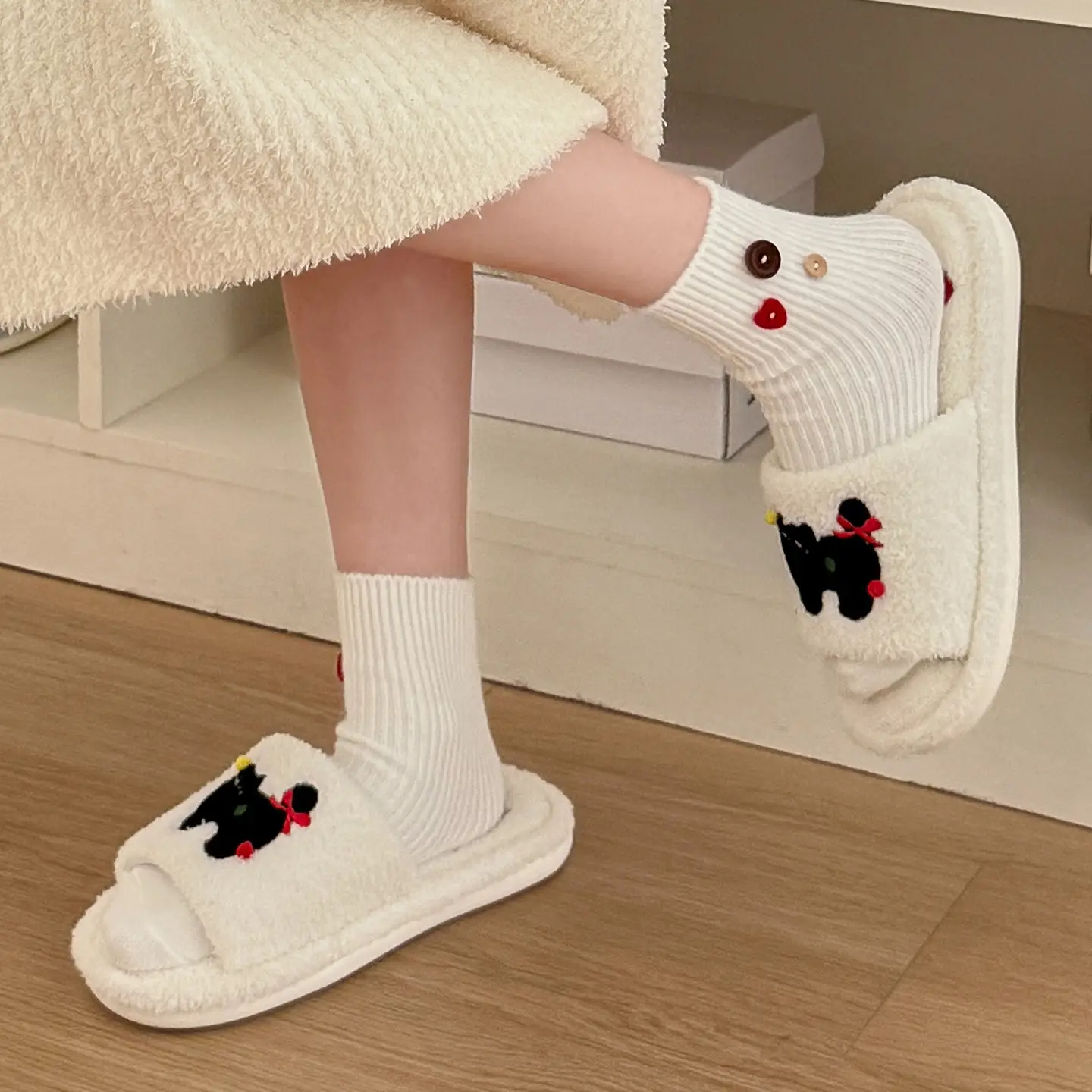 Cute Kitten Embroidered Cotton Slippers Women Winter Warm Indoor - Image 7