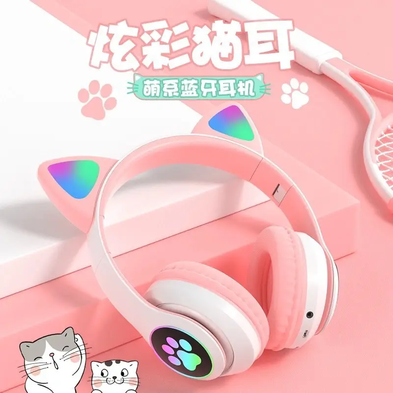 Cat Ear Wireless Bluetooth Headset Pink White - Image 7