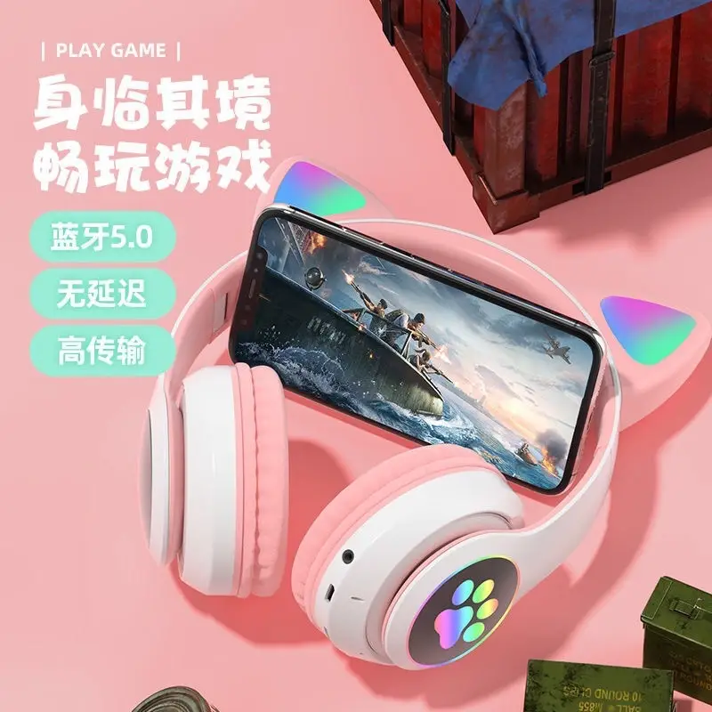Cat Ear Wireless Bluetooth Headset Pink White - Image 9