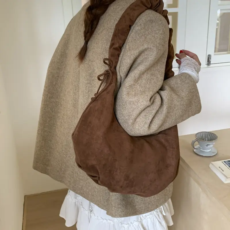 Yellow Pleated Shoulder Bag with Ruffled Handle — feature 35