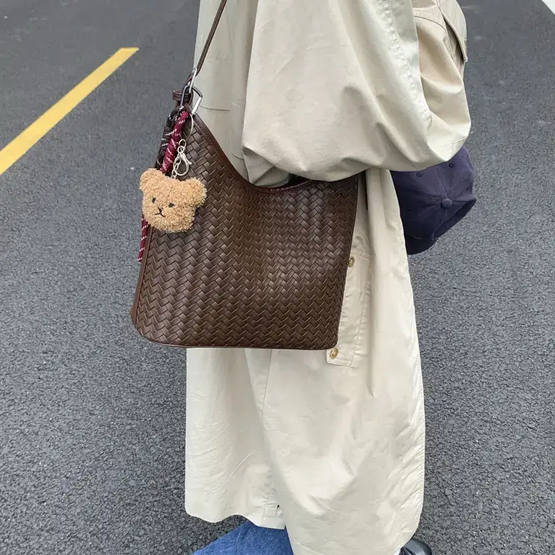 Women Woven Bucket Bag Large Capacity Satchel Shoulder Bag