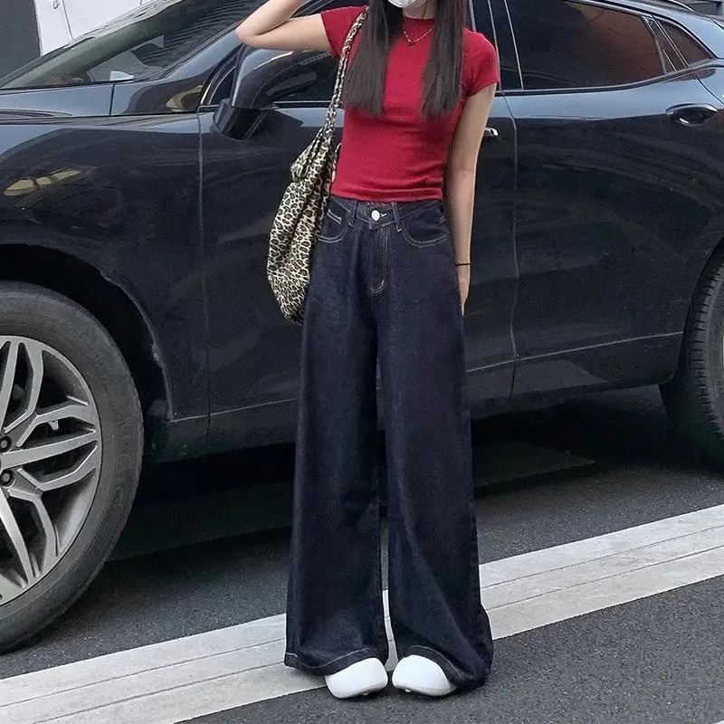 Dark Blue Wide Leg Pants with Hip Cover for Women