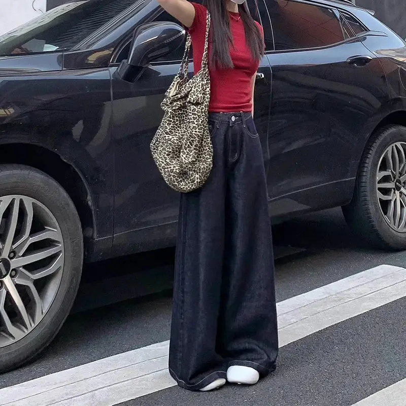Dark Blue Wide Leg Pants with Hip Cover for Women