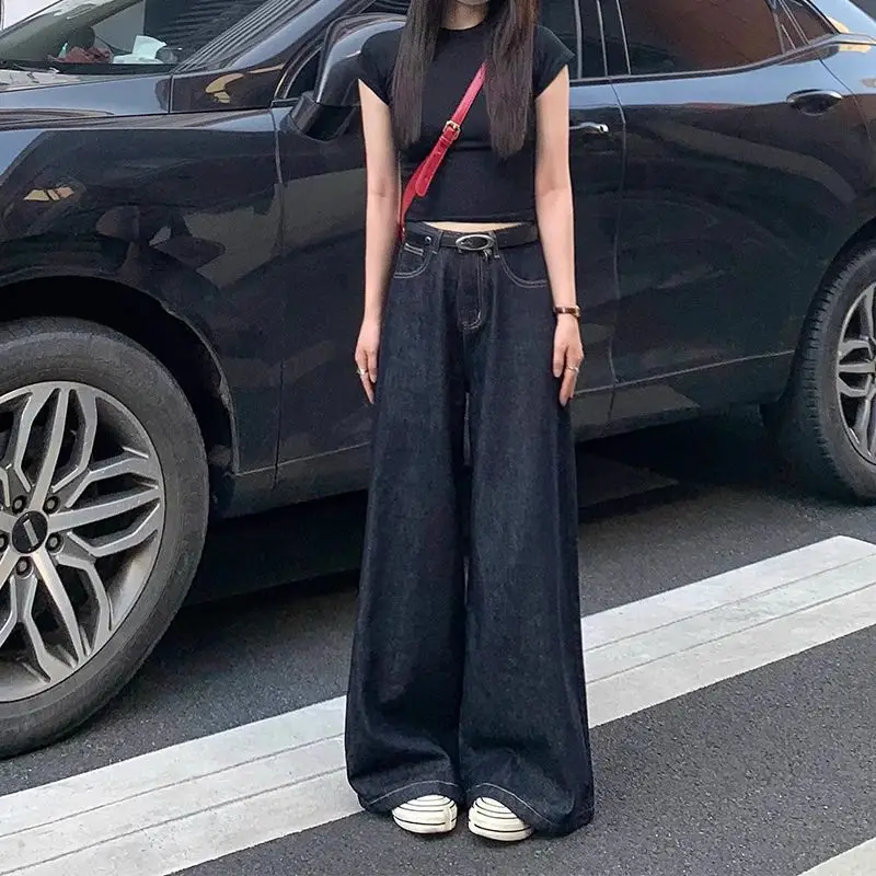 Dark Blue Wide Leg Pants with Hip Cover for Women
