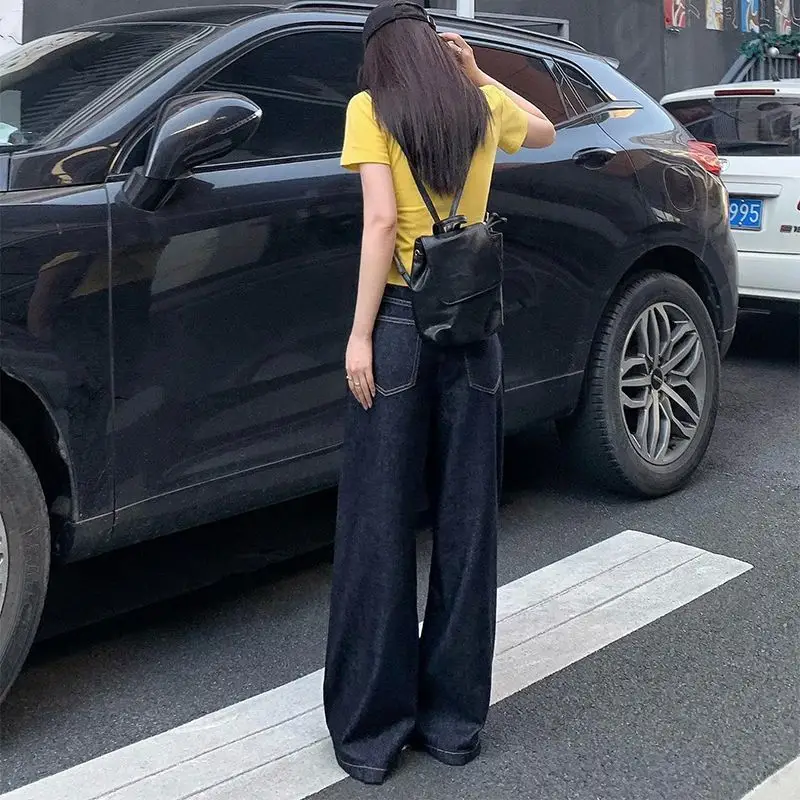 Dark Blue Wide Leg Pants with Hip Cover for Women