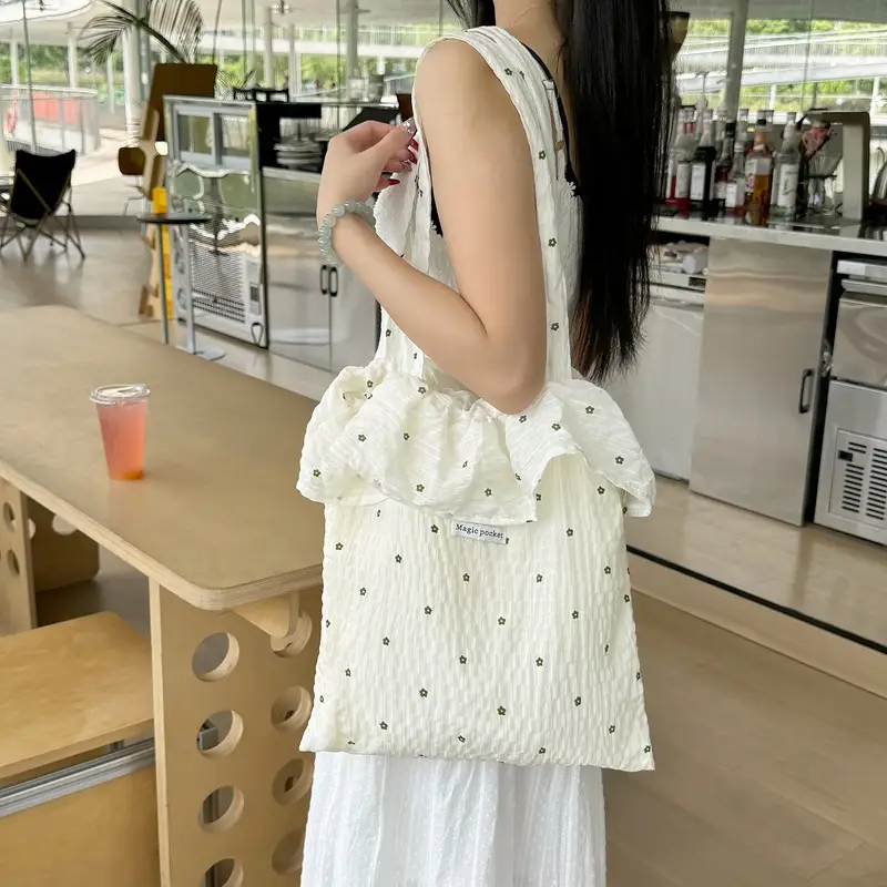 Sweet Chiffon Ruffle Bag Green Floral Fresh Tote Bag - Image 2