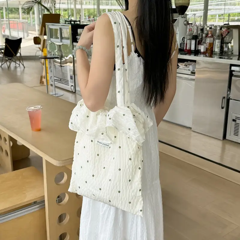 Sweet Chiffon Ruffle Bag Green Floral Fresh Tote Bag - Image 4