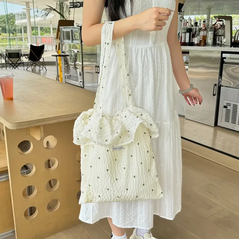 Sweet Chiffon Ruffle Bag Green Floral Fresh Tote Bag - Image 5