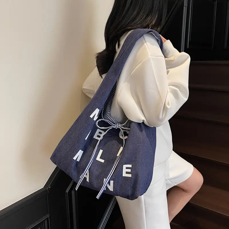 Women Letter Print Navy Blue Tote Bag — feature 40