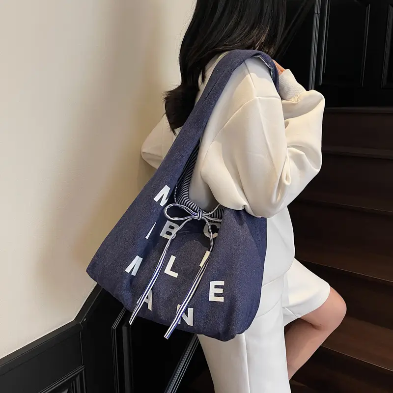 Women Letter Print Navy Blue Tote Bag — feature 42