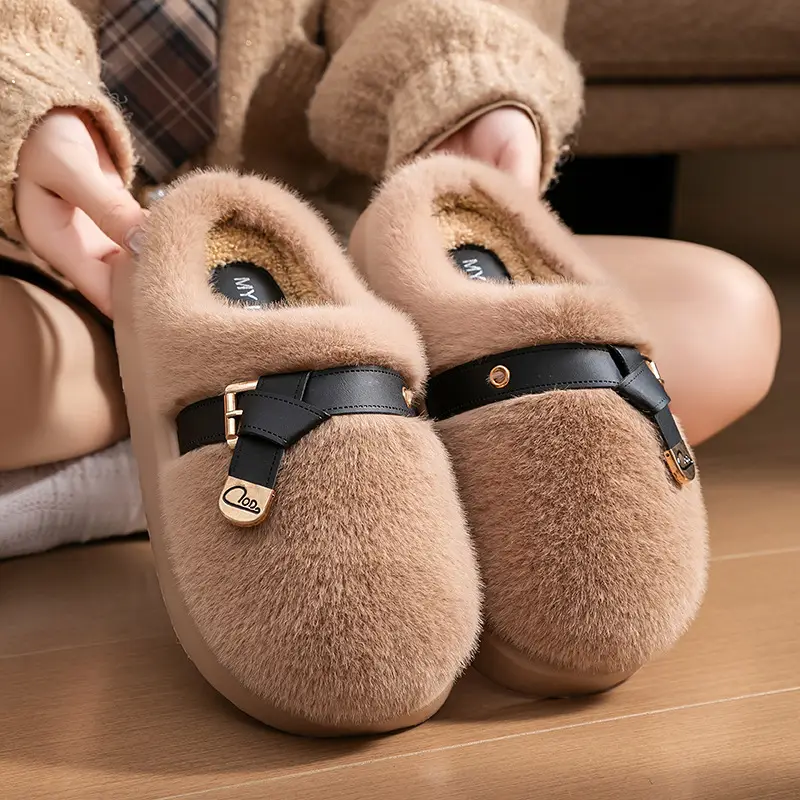 Stuffed Cotton Slippers for Women, Autumn and Winter Fashionable Belt Buckle Home Non-Slip Super Warm Non-Shedding Thick-Soled Furry Slippers - Image 12