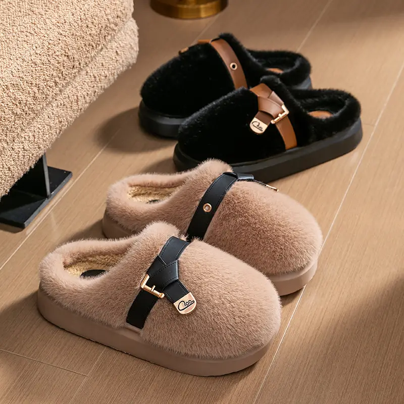 Stuffed Cotton Slippers for Women, Autumn and Winter Fashionable Belt Buckle Home Non-Slip Super Warm Non-Shedding Thick-Soled Furry Slippers - Image 13