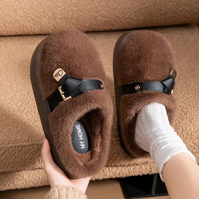 Stuffed Cotton Slippers for Women, Autumn and Winter Fashionable Belt Buckle Home Non-Slip Super Warm Non-Shedding Thick-Soled Furry Slippers - Image 14