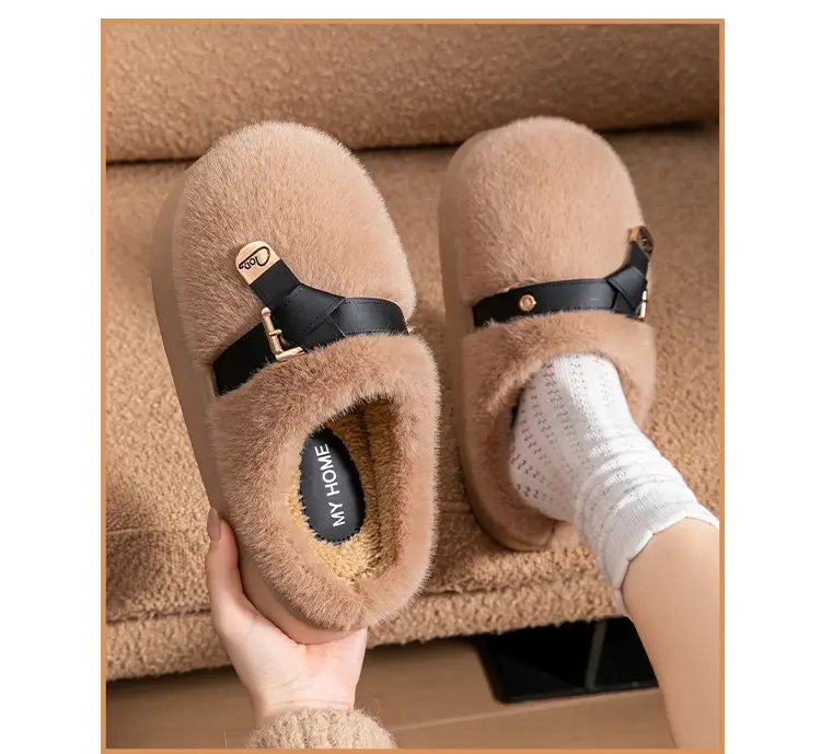Stuffed Cotton Slippers for Women, Autumn and Winter Fashionable Belt Buckle Home Non-Slip Super Warm Non-Shedding Thick-Soled Furry Slippers — feature 24