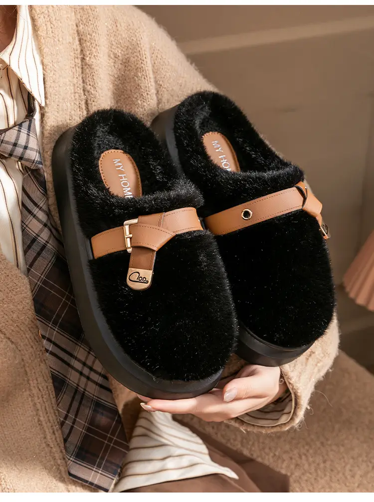 Stuffed Cotton Slippers for Women, Autumn and Winter Fashionable Belt Buckle Home Non-Slip Super Warm Non-Shedding Thick-Soled Furry Slippers — feature 7