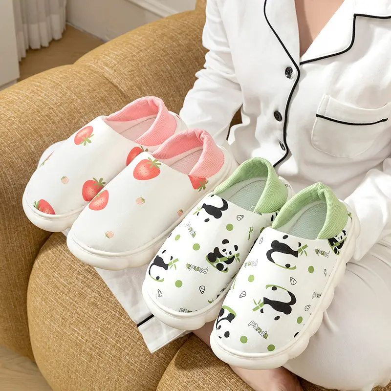 Women Strawberry Print Cotton Slippers White Pink — feature 7