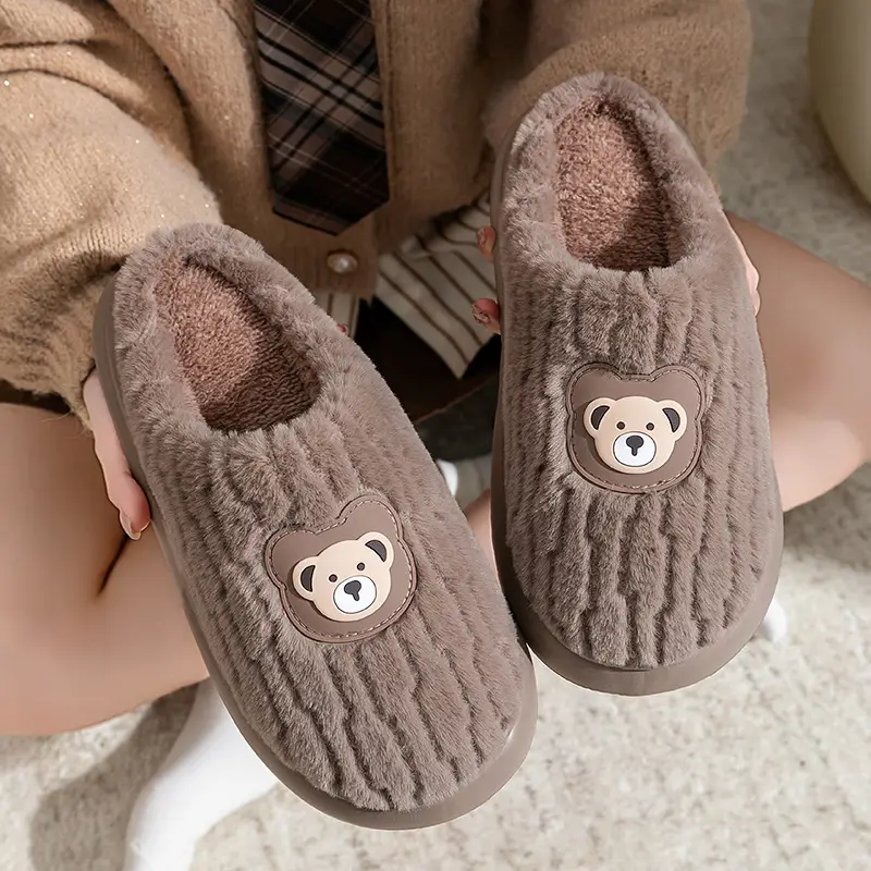 Home Cotton Slippers for Men in Winter Indoor Thick-Soled Non-Slip Fleece-Lined Warm Couple Bear Pattern Lightweight Cotton Slippers - Image 4