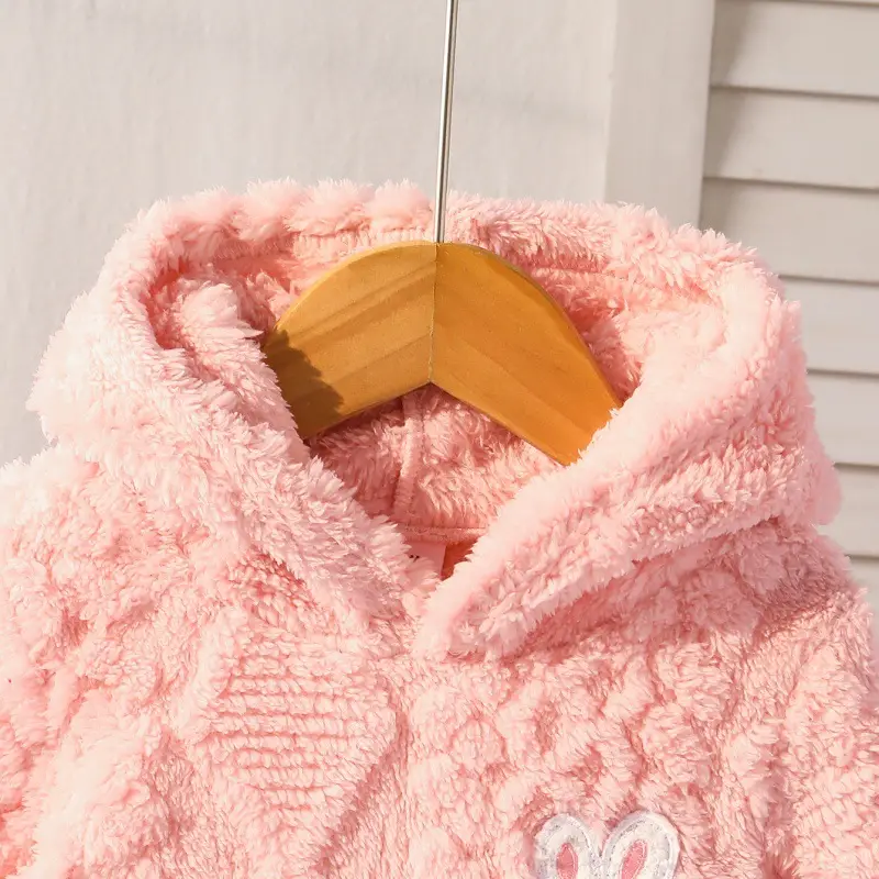 Cross-Border Amazon Little Girl Baby Autumn and Winter Coral Velvet Home Clothes Cute Rabbit Pink Long Outwear - Image 4