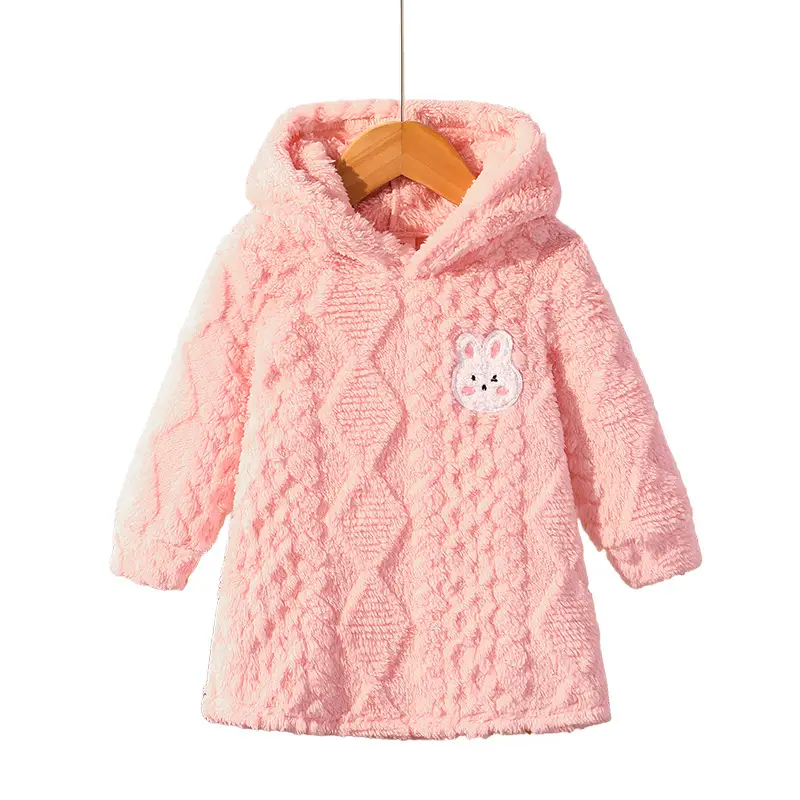 Cross-Border Amazon Little Girl Baby Autumn and Winter Coral Velvet Home Clothes Cute Rabbit Pink Long Outwear - Image 6