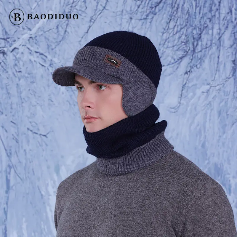 Men Winter Neck Warmer & Hat Set Gray Woolen - Image 3