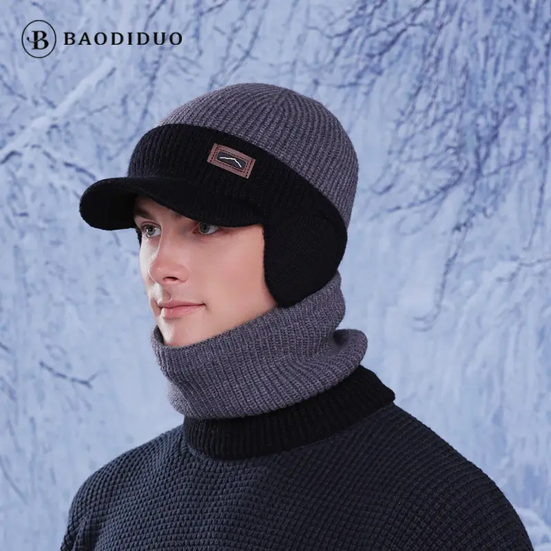Men Winter Neck Warmer & Hat Set Gray Woolen - Image 5
