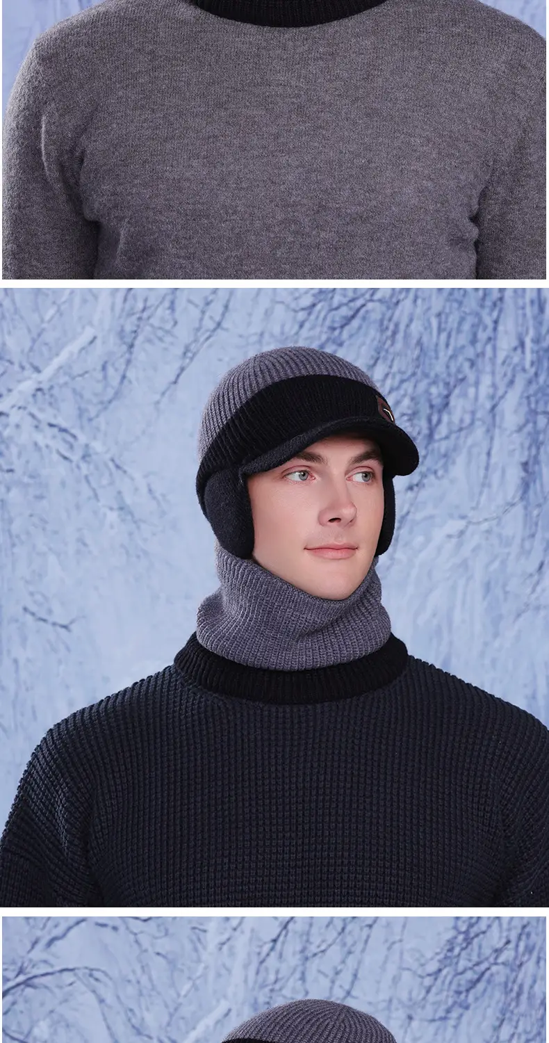 Men Winter Neck Warmer & Hat Set Gray Woolen — feature 10