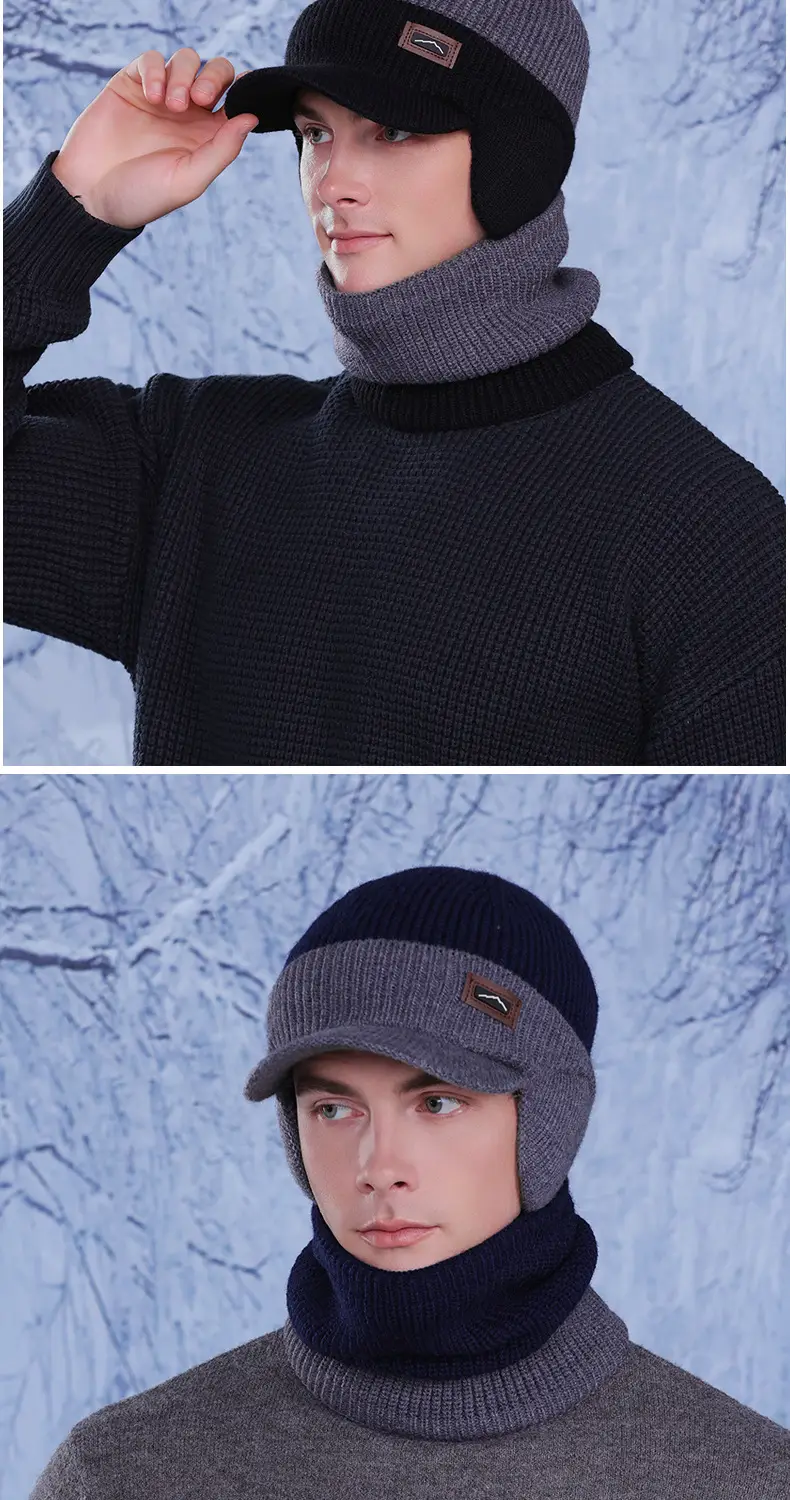 Men Winter Neck Warmer & Hat Set Gray Woolen — feature 11