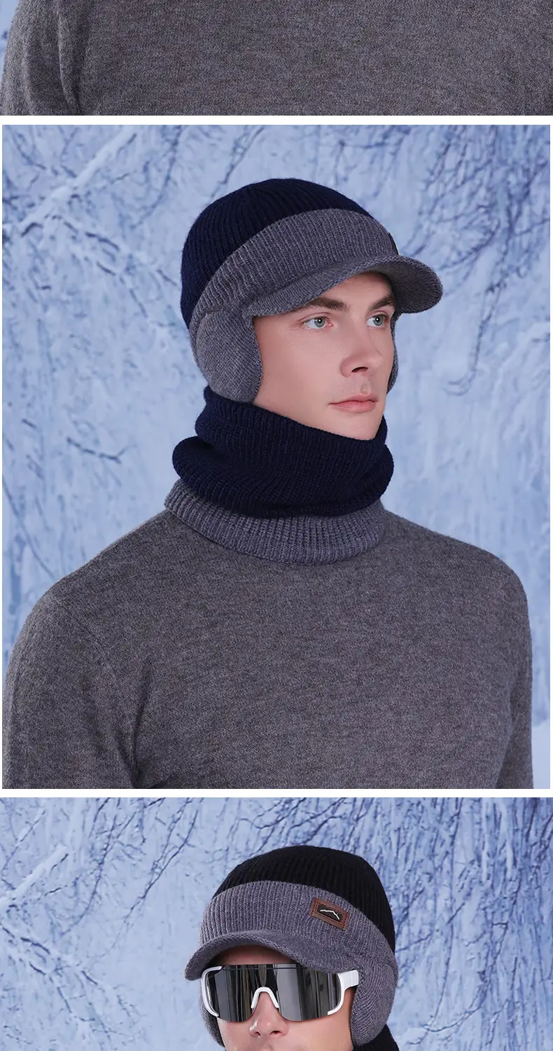 Men Winter Neck Warmer & Hat Set Gray Woolen — feature 12